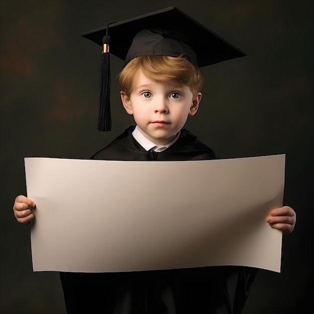 Zdjęcie chłopiec w czapce absolwentki trzymający arkusz papieru