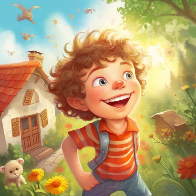 Chłopiec w czerwonej koszuli w paski stoi na polu z domem i latającymi wokół niego ptakami wygenerowanymi przez Ai