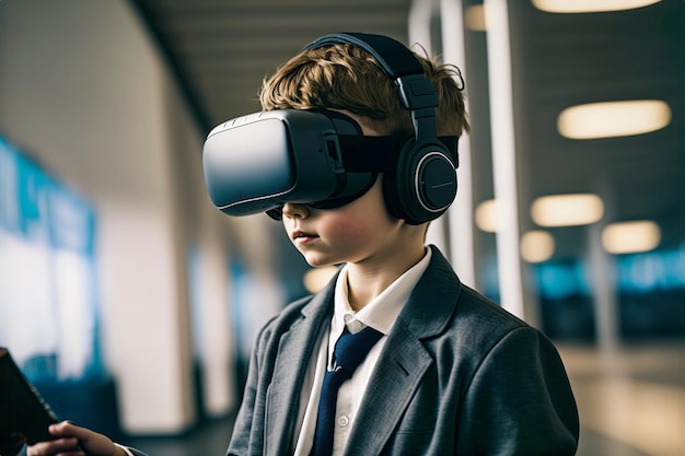 Chłopiec w garniturze z okularami wirtualnej rzeczywistości w szkole. Wygenerowane Ai. Koncepcja edukacji.