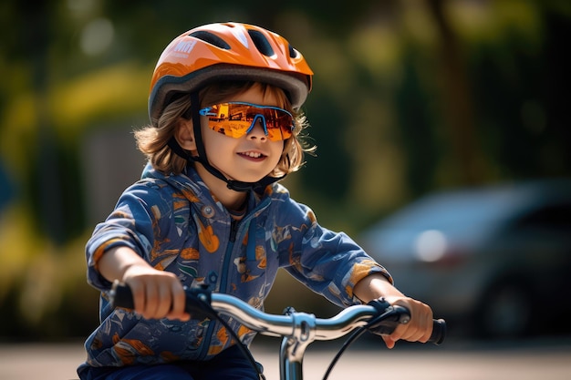 Chłopiec w hełmie ochronnym jeździ na rowerze na świeżym powietrzu
