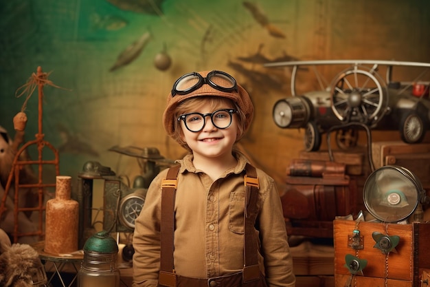 Chłopiec w kapeluszu pilota stoi przed mapą steampunkowego sprzętu.