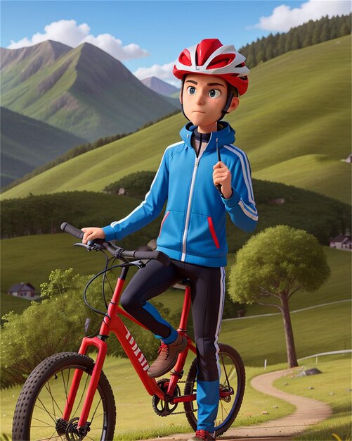 Zdjęcie chłopiec w kasku na rowerze z górą w tle.