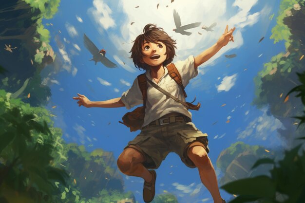 Chłopiec w koszuli patrolowej i brązowym ładunku Piękny obraz ilustracji Generatywna sztuczna inteligencja