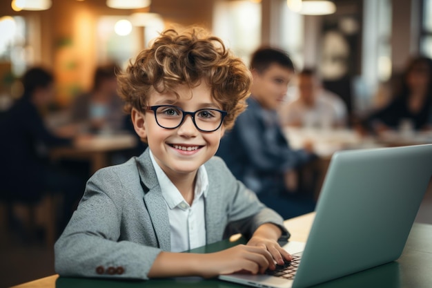 Chłopiec w laptopie przy stole w szkole średniej klasy