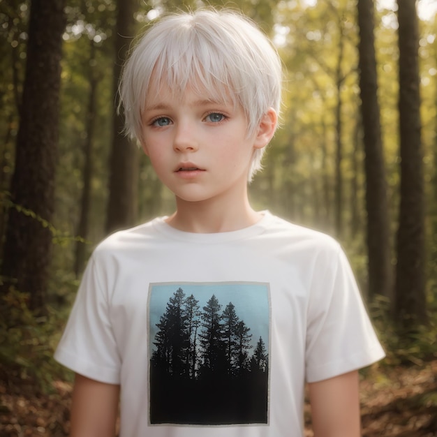 chłopiec w lesie z obrazem drzew na koszuli