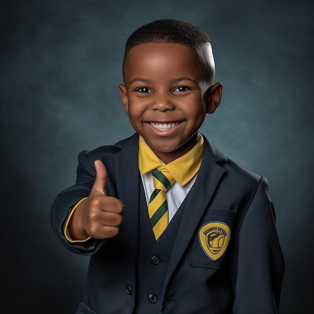Chłopiec w mundurku szkolnym podnoszący kciuki.