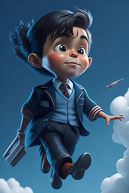 Chłopiec w mundurze szkolnym latający w niebie Generatywna sztuczna inteligencja