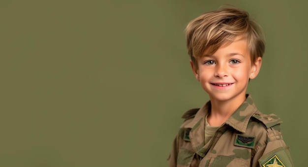 Chłopiec w mundurze wojskowym uśmiecha się do kamery