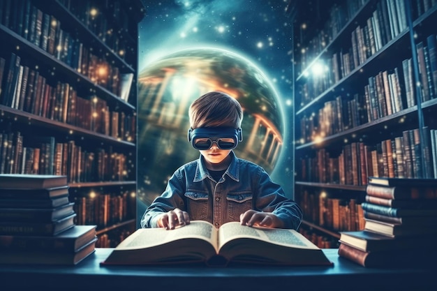 Chłopiec w okularach 3D w bibliotece Koncepcja futurystycznej edukacji Generative AI