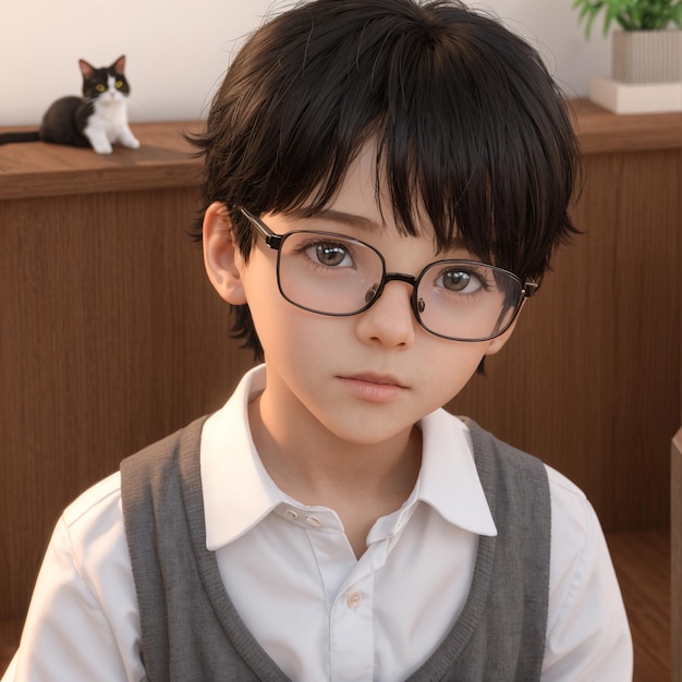 Chłopiec w okularach i koszuli z kotem z przodu.