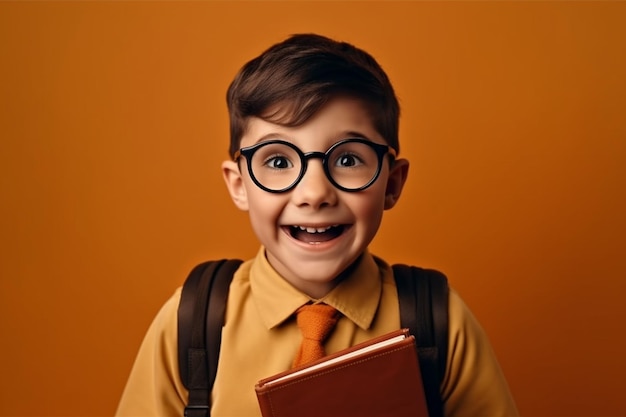 Chłopiec w okularach i trzymający książkę na pomarańczowym tle.