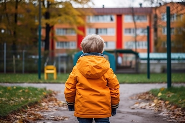 Chłopiec w pomarańczowym płaszczu stoi przed budynkiem z placem zabaw w tle.