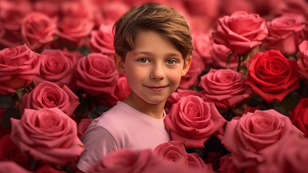 Zdjęcie chłopiec w różowych kwiatach