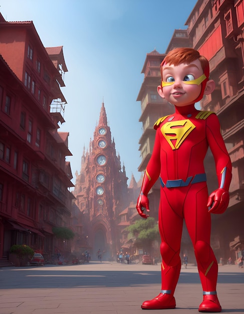 Chłopiec w stroju supermana stoi przed czerwonym budynkiem.