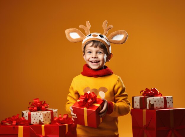 Zdjęcie chłopiec w świątecznych ubraniach z prezentami na żółtym tle zdjęcie wysokiej jakości