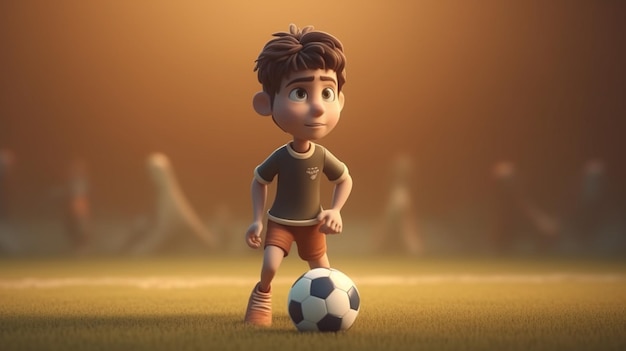 Chłopiec w zielonej koszuli i pomarańczowych szortach kopie piłkę nożną na boisku.