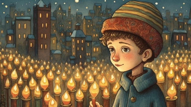 Chłopiec w zimowej czapce stoi przed oświetlonym pejzażem miejskim.