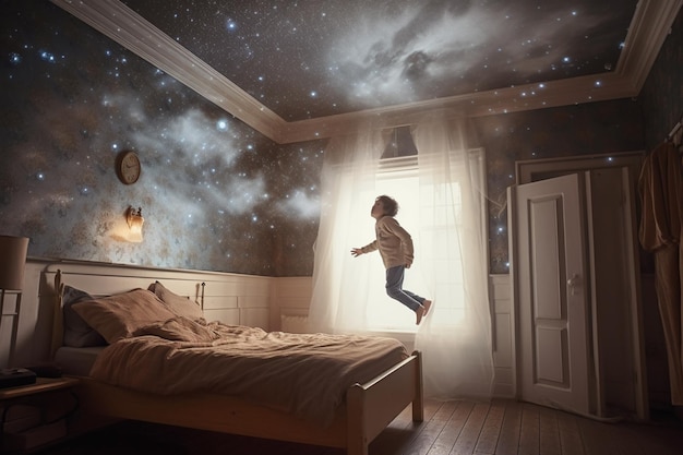 Chłopiec wskakuje do sypialni z tapetą na ścianie