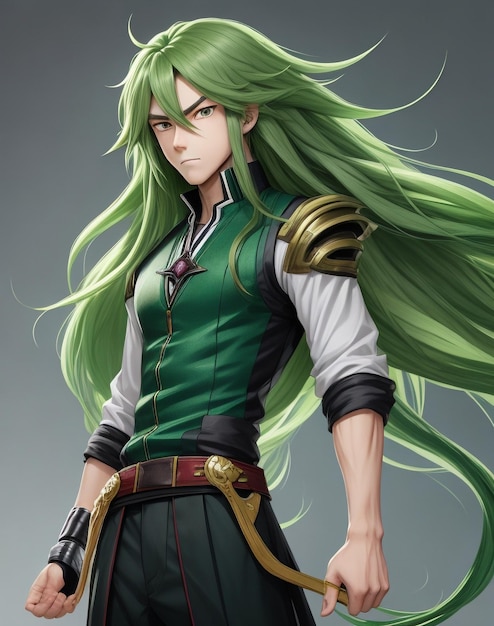 Chłopiec z anime z długimi, rozwianymi, zielonymi włosami
