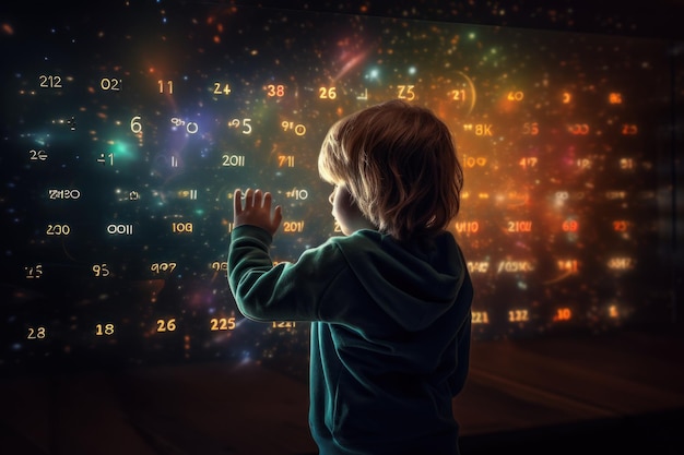 Chłopiec z autyzmem dotykający przezroczystej ściany z liczbami koncepcja zdrowia psychicznego dziecka