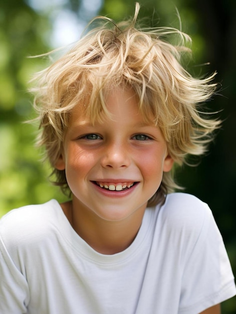 Zdjęcie chłopiec z blond włosami i białą koszulką, który mówi, że się uśmiecha.