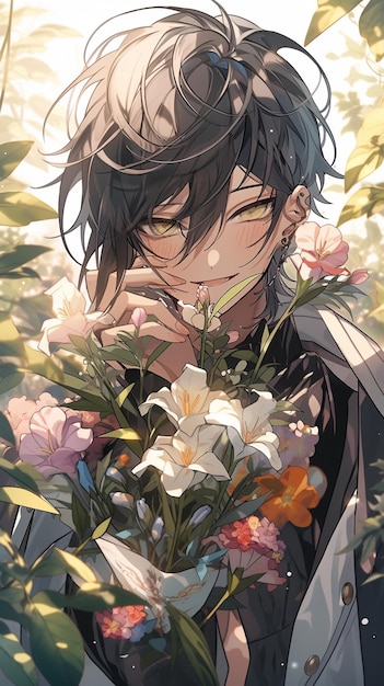 Chłopiec z bukietem kwiatów w słońcu