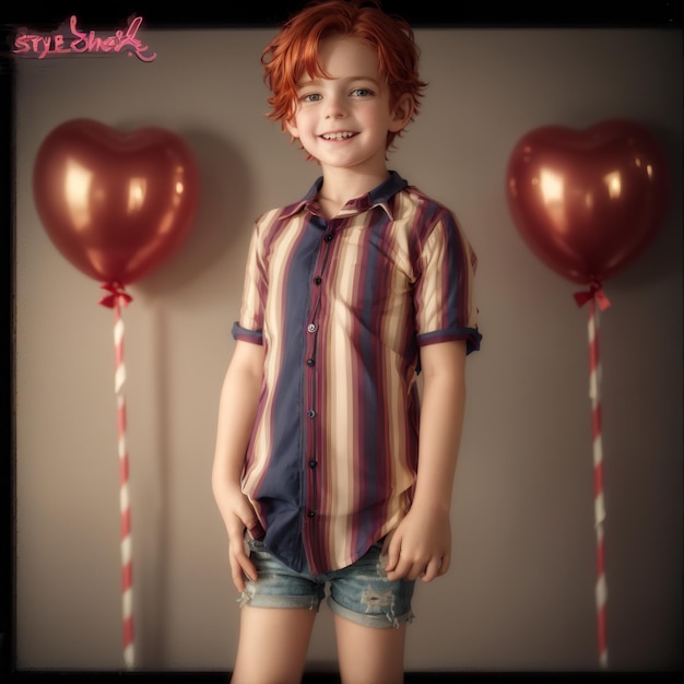 Chłopiec z czerwonymi włosami i prążkowaną koszulką z czerwonym sercem z przodu.