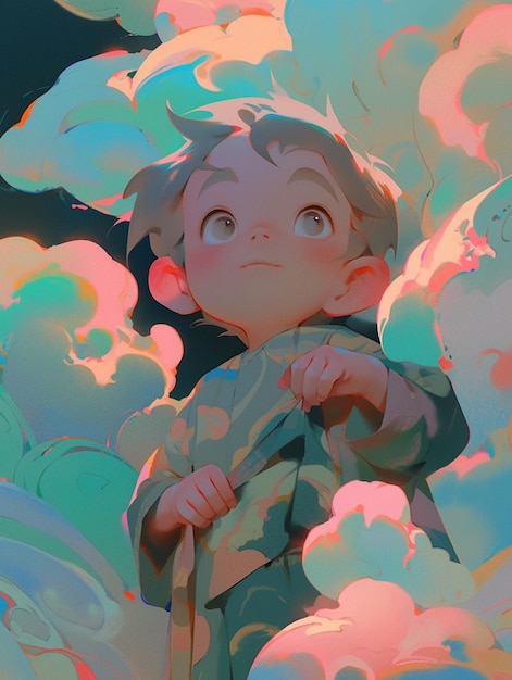 Chłopiec z kijem w ręku stojący w wypełnionym chmurami niebie generatywny ai