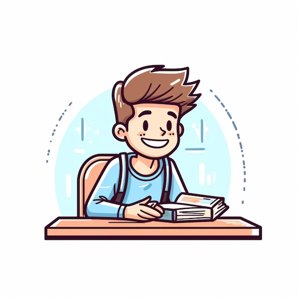 chłopiec z kreskówek siedzący przy biurku z książką i długopisem generatywną sztuczną inteligencją