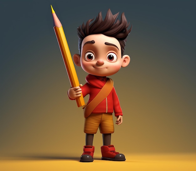 Chłopiec z kreskówek trzyma ogromny ołówek, zdjęcia stockowe edukacji