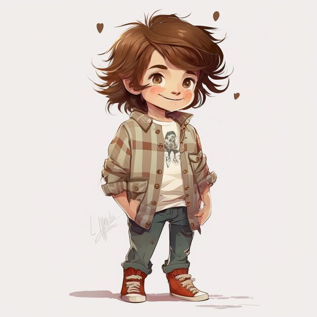 chłopiec z kreskówek z brązowymi włosami i białą koszulką i dżinsami generatywny ai
