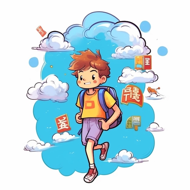 Chłopiec z kreskówką z plecakiem i plecakem idący w chmurach generatywny ai