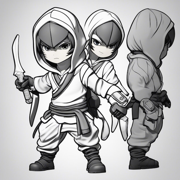 Chłopiec z kreskówki 3D ninja, postać z gry, czarny materiał z przezroczystym białym tłem