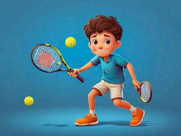 Chłopiec z kreskówki grający w tenisa izolowany na niebieskim tle ilustracja wektorowa