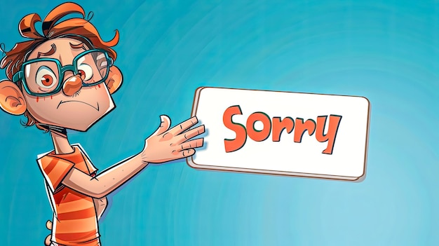 Chłopiec z kreskówki przeprasza z znakiem przepraszam