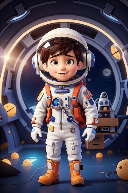 Chłopiec z kreskówki w garniturze astronauta na statku kosmicznym
