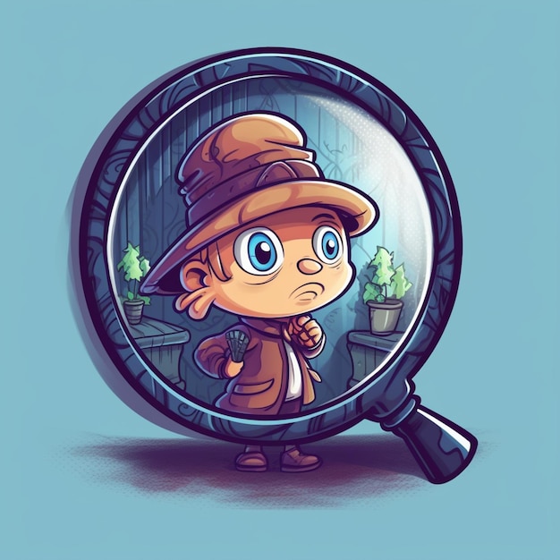 Chłopiec z kreskówki w kapeluszu i płaszczu patrzący przez szkło powiększające