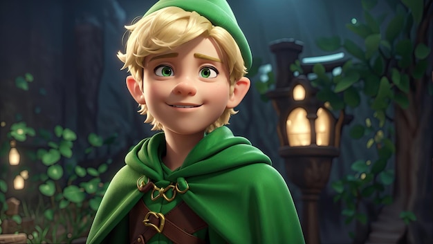 Chłopiec z kreskówki z zielonym kapeluszem i zieloną peleryną 3D render stylizowany młody blond chłopiec fantasy złodziej.