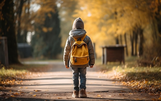 Chłopiec z plecakiem idący ulicą Z powrotem do szkoły
