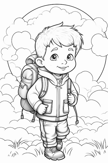 Chłopiec z plecakiem na tle chmur i księżyca.