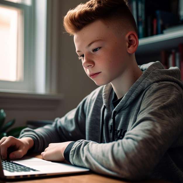 Chłopiec z rudymi włosami używa laptopa.