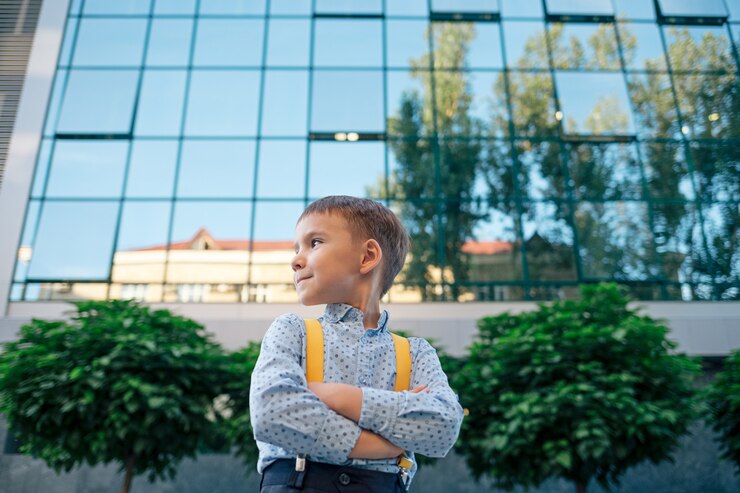 Chłopiec z skrzyżowanymi rękami przeciw centrum biznesu