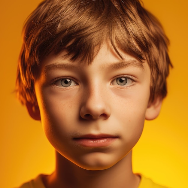 Chłopiec z uderzającymi oczami na żywo żółtym tle
