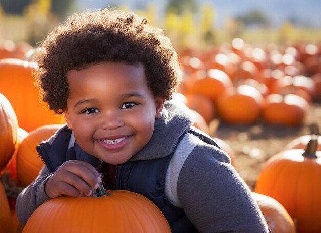 Chłopiec zbierający dyni na plantacji dyni, aby stworzyć Jacko'lantern na Halloween