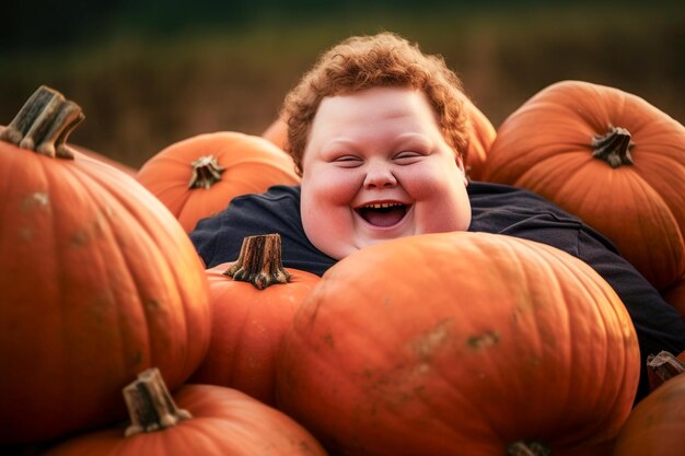 Chłopiec zbierający dyni na plantacji dyni, aby stworzyć Jacko'lantern na Halloween