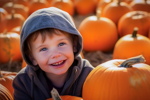 Chłopiec zbierający dyni na plantacji dyni, aby stworzyć Jacko'lantern na Halloween