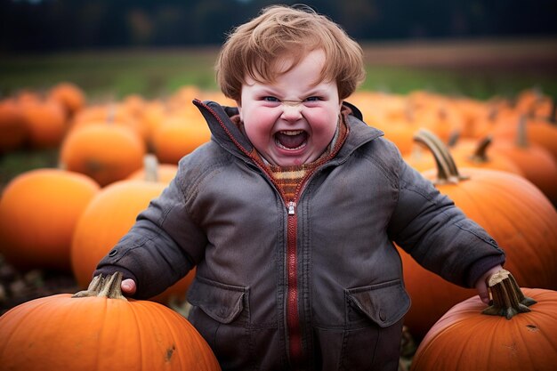 Chłopiec zbierający dyni na plantacji dyni, aby stworzyć Jacko'lantern na Halloween