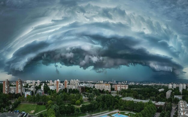 chmura burzowa jest nad miastem z chmurą burzową na tle