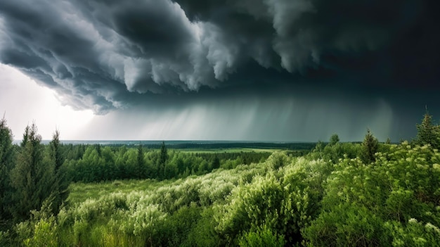 Chmura burzowa nad polem z drzewami i zielonym polem w tle