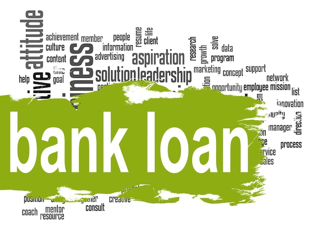 Zdjęcie chmura słowa pożyczki bankowej z zielonym sztandarem